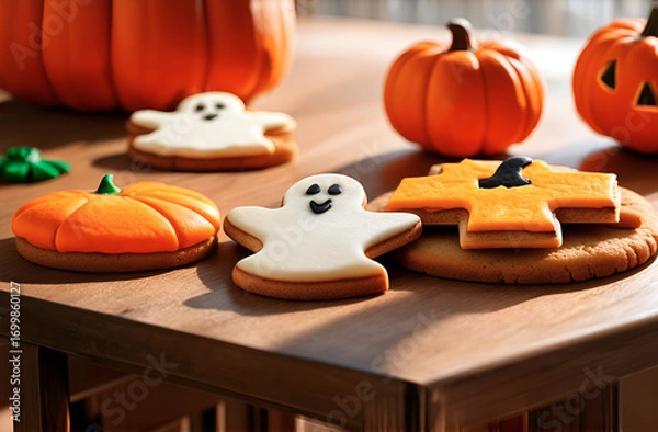 Fototapeta Cookies in the form of cute ghosts for Halloween celebration are lying on the table, next to small pumpkins in the shape of a face Jack lantern