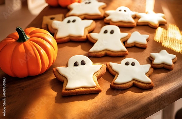 Fototapeta Cookies in the form of cute ghosts for Halloween celebration are lying on the table, next to small pumpkins in the shape of a face Jack lantern