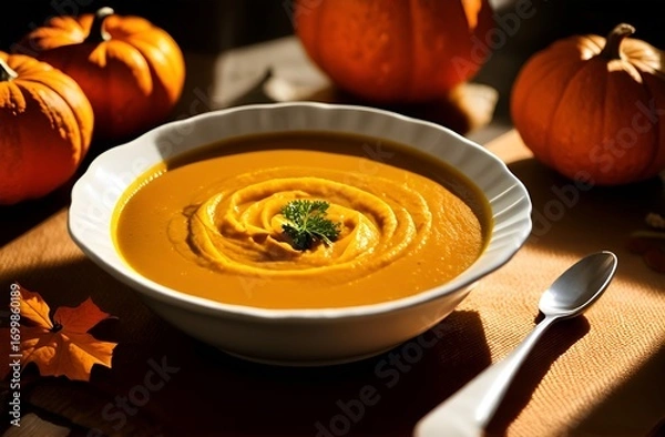 Fototapeta Pumpkin soup in a bowl on the table, next to small pumpkins create an autumn warm still life. Halloween Dish