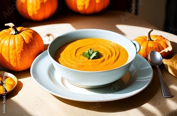 Fototapeta Pumpkin soup in a bowl on the table, next to small pumpkins create an autumn warm still life. Halloween Dish