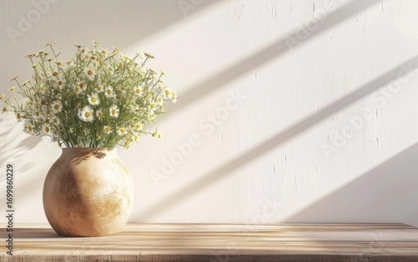 Fototapeta Bouquet of white daisies in a rustic, light brown vase sits on a wooden table against a white wall, illuminated by sunlight.