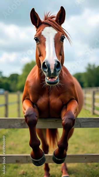 Fototapeta Funny horse staring directly at camera, smiling and showing teeth with front legs dangling over fence. Symbol of the Year 2026 according to the Chinese calendar