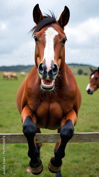 Fototapeta Funny horse staring directly at camera, smiling and showing teeth with front legs dangling over fence. Symbol of the Year 2026 according to the Chinese calendar