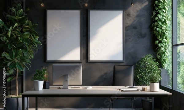 Fototapeta Stylish modern office features a minimalist desk, computer, black chair, and two blank frames, surrounded by lush greenery.