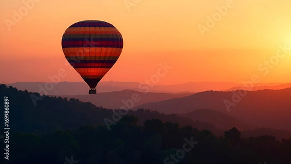 Fototapeta A large striped balloon flies over the forest against the background of the sunset. The concept of calm and tranquility. Dawn from a bird's eye view