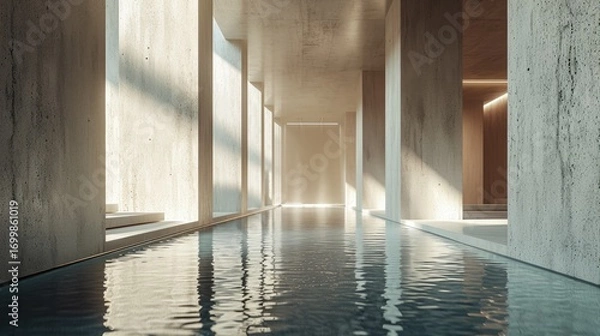 Fototapeta Minimalist architectural interior featuring a long reflecting pool in a concrete and wood hallway.