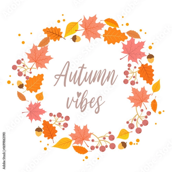 Fototapeta Bright autumn logo. Vector lettering with autumn vibes. Lettering for your design. Wreath of leaves