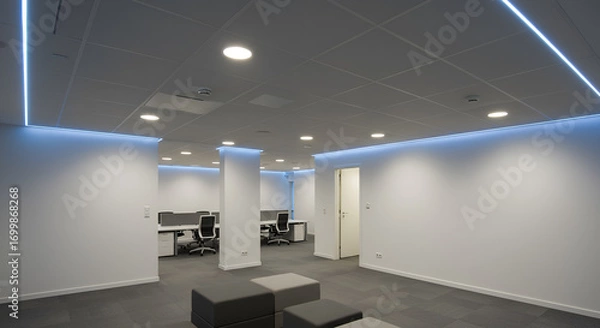 Fototapeta "Contemporary office space with a stretch ceiling design, cool-toned LED lights integrated in the ceiling perimeter, recessed spotlights, clean and modern look"