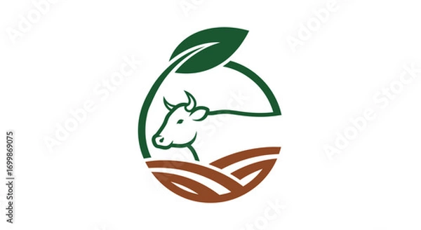 Obraz Cow logo with leaf and field design representing nature and agriculture.
