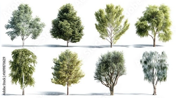 Obraz Eight isolated trees with diverse shapes and leaf textures arranged on white background