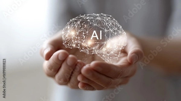 Fototapeta Businessman cupping hands is holding glowing polygonal brain with ai lettering, symbolizing artificial intelligence, innovation, and technological advancement in business