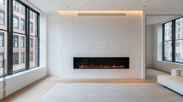 Fototapeta A modern, minimalist living room featuring large windows, a sleek fireplace, and neutral color tones, creating a bright and airy atmosphere.