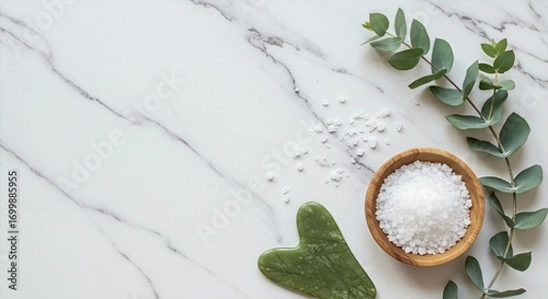 Fototapeta Clean Beauty Product Flatlay with Jade Gua Sha, Sea Salt, and Eucalyptus Branches on White Marble Surface