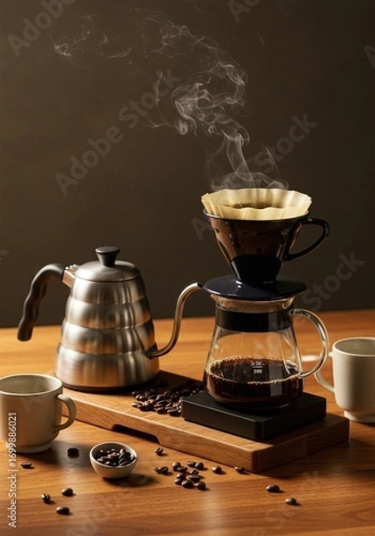 Fototapeta  Artisanal Coffee Brewing Flatlay with Pour Over Dripper, Kettle, Ceramic Cups, and Roasted Beans on Walnut Table