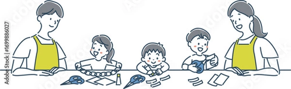 Obraz 笑顔で工作をする女の子と男の子の園児と保育士のイラスト素材