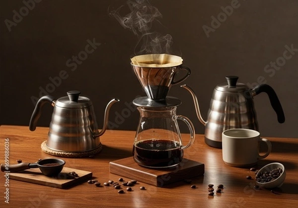 Fototapeta  Artisanal Coffee Brewing Flatlay with Pour Over Dripper, Kettle, Ceramic Cups, and Roasted Beans on Walnut Table