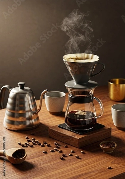 Fototapeta  Artisanal Coffee Brewing Flatlay with Pour Over Dripper, Kettle, Ceramic Cups, and Roasted Beans on Walnut Table