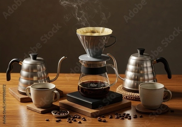 Fototapeta  Artisanal Coffee Brewing Flatlay with Pour Over Dripper, Kettle, Ceramic Cups, and Roasted Beans on Walnut Table