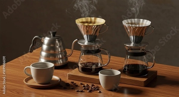 Fototapeta  Artisanal Coffee Brewing Flatlay with Pour Over Dripper, Kettle, Ceramic Cups, and Roasted Beans on Walnut Table