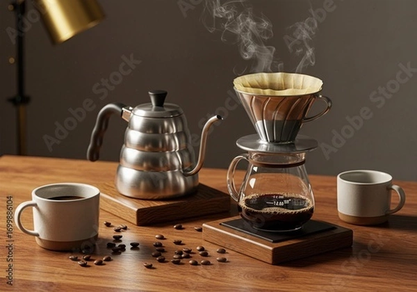 Fototapeta  Artisanal Coffee Brewing Flatlay with Pour Over Dripper, Kettle, Ceramic Cups, and Roasted Beans on Walnut Table