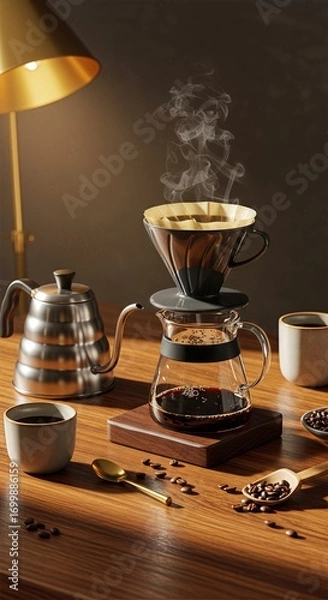 Fototapeta  Artisanal Coffee Brewing Flatlay with Pour Over Dripper, Kettle, Ceramic Cups, and Roasted Beans on Walnut Table