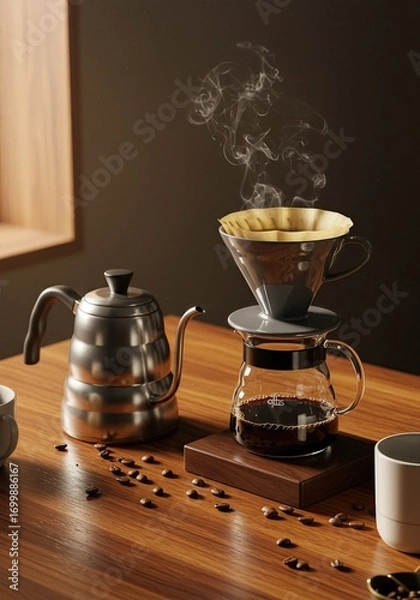 Fototapeta  Artisanal Coffee Brewing Flatlay with Pour Over Dripper, Kettle, Ceramic Cups, and Roasted Beans on Walnut Table