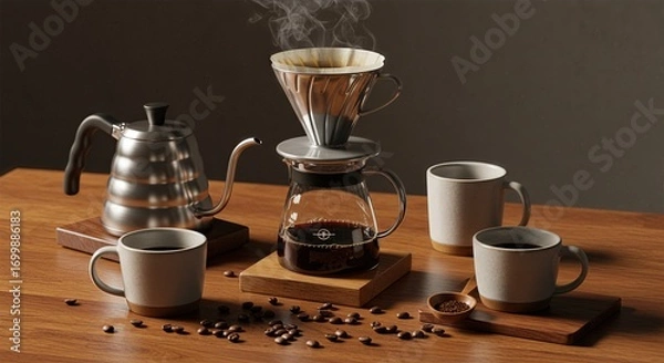 Fototapeta  Artisanal Coffee Brewing Flatlay with Pour Over Dripper, Kettle, Ceramic Cups, and Roasted Beans on Walnut Table