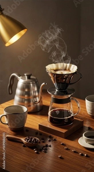 Fototapeta  Artisanal Coffee Brewing Flatlay with Pour Over Dripper, Kettle, Ceramic Cups, and Roasted Beans on Walnut Table