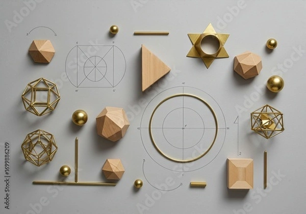 Fototapeta Geometric Design Study Flatlay with Brass, Wood, and Paper Architectural Models Arranged on Gray Background