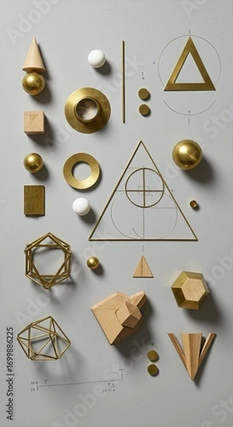 Fototapeta Geometric Design Study Flatlay with Brass, Wood, and Paper Architectural Models Arranged on Gray Background