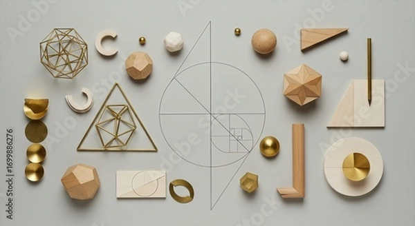 Fototapeta Geometric Design Study Flatlay with Brass, Wood, and Paper Architectural Models Arranged on Gray Background