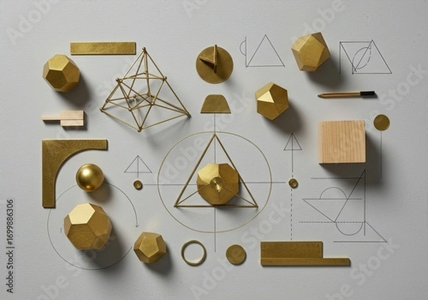 Fototapeta Geometric Design Study Flatlay with Brass, Wood, and Paper Architectural Models Arranged on Gray Background