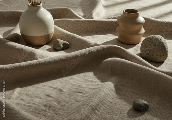 Fototapeta Natural Linen Textile Flatlay with Ceramic Vessel, Organic Wood Elements, and Stone Objects for Eco Branding
