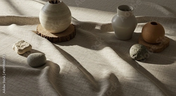 Fototapeta Natural Linen Textile Flatlay with Ceramic Vessel, Organic Wood Elements, and Stone Objects for Eco Branding