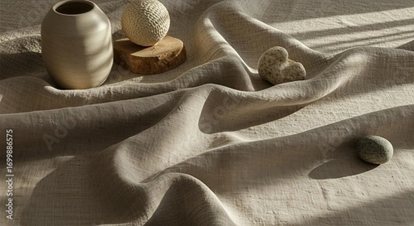 Fototapeta Natural Linen Textile Flatlay with Ceramic Vessel, Organic Wood Elements, and Stone Objects for Eco Branding