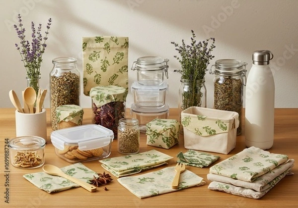 Fototapeta Sustainable Zero Waste Lifestyle Flatlay with Glass Jars Bamboo Utensils Beeswax Wrap and Bulk Ingredients