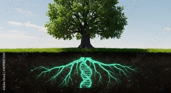 Fototapeta Symbolic tree of life with its roots transforming into a glowing DNA double helix, representing genetics, heredity, and the code of nature