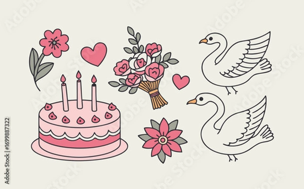 Obraz A love-filled illustration combining multiple doodle objects such as swans, doves, floral bouquets, and a heart-decorated birthday cake with glowing candles