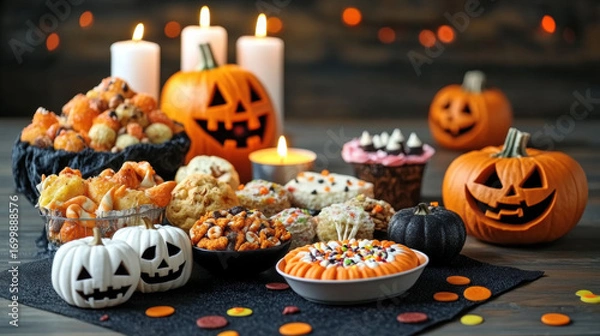 Obraz Food for halloween party, Colorful Halloween party snacks on a black table setting.