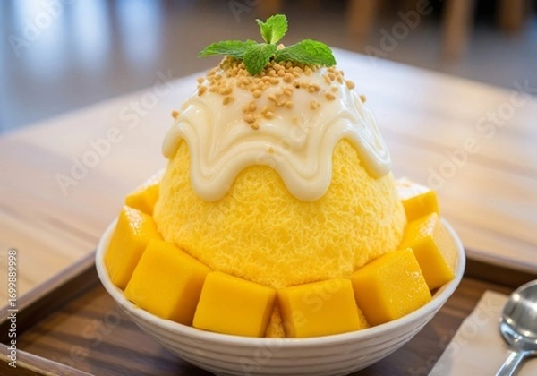 Fototapeta Korean Shaved Ice Mango Bingsu with Mint and Nuts Topping