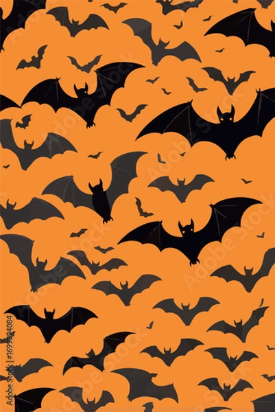 Fototapeta Seamless pattern in minimalistic flat style, flying bats of different sizes. Simple geometric shapes and clear silhouettes of bats. For holiday design, textiles, packaging, web graphics, Halloween