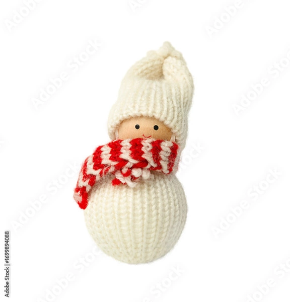 Obraz Toy snowman knitted in a hat and scarf isolated on a white background