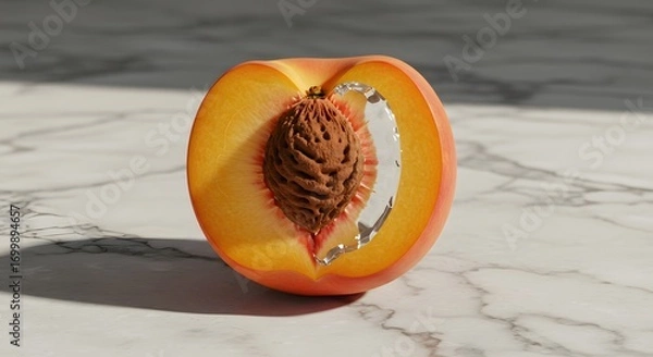 Fototapeta A conceptual still life illustrating the synthesis of nature and technology, featuring a ripe peach sliced open to reveal a metallic, chrome-like pit