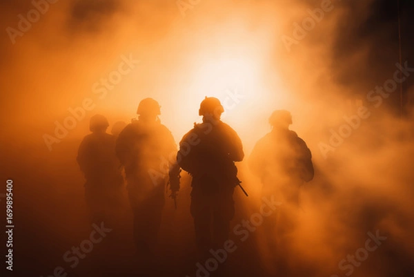 Fototapeta Shadows of Conflict: The Soldiers Behind the Smoke