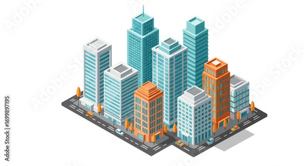 Fototapeta Modern isometric cityscape with skyscrapers and streets in autumn colors