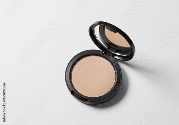 Fototapeta Close-up shot of a round, open compact powder with a mirror, on a white surface.