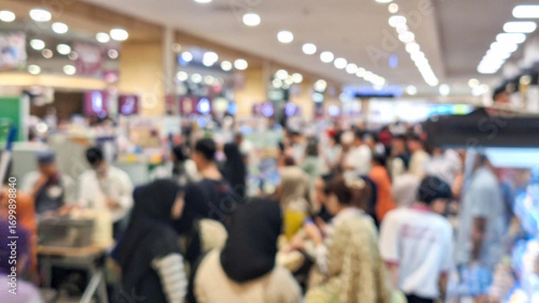 Fototapeta blurred background of cashier activity at checkout counter in supermarket or hypermarket. Ambiance at at the cashier with a crowd of people queuing.
