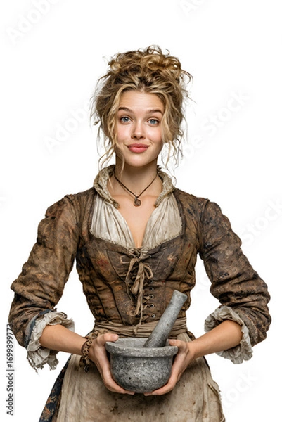 Obraz Playful woman in rustic peasant dress holding mortar and pestle, humorous herbalist portrait with vintage charm, dirty textured outfit and expressive face, white background