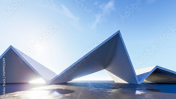 Fototapeta Minimalist Futuristic Triangular Concrete Structures with Sunlight. 3d rendering