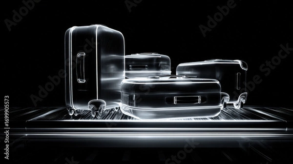 Fototapeta x-ray style image of suitcase contents on conveyor belt glowing edges no text high contrast illustration concept scene visual for commercial design use high detail quality stock image illustration